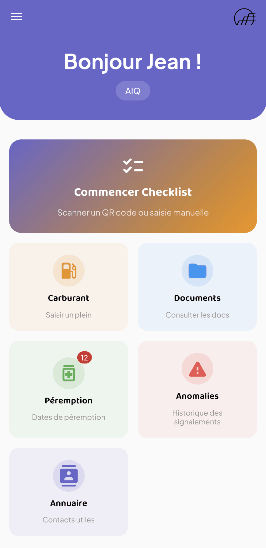 Application mobile Quickcheck — écran de contrôle véhicule