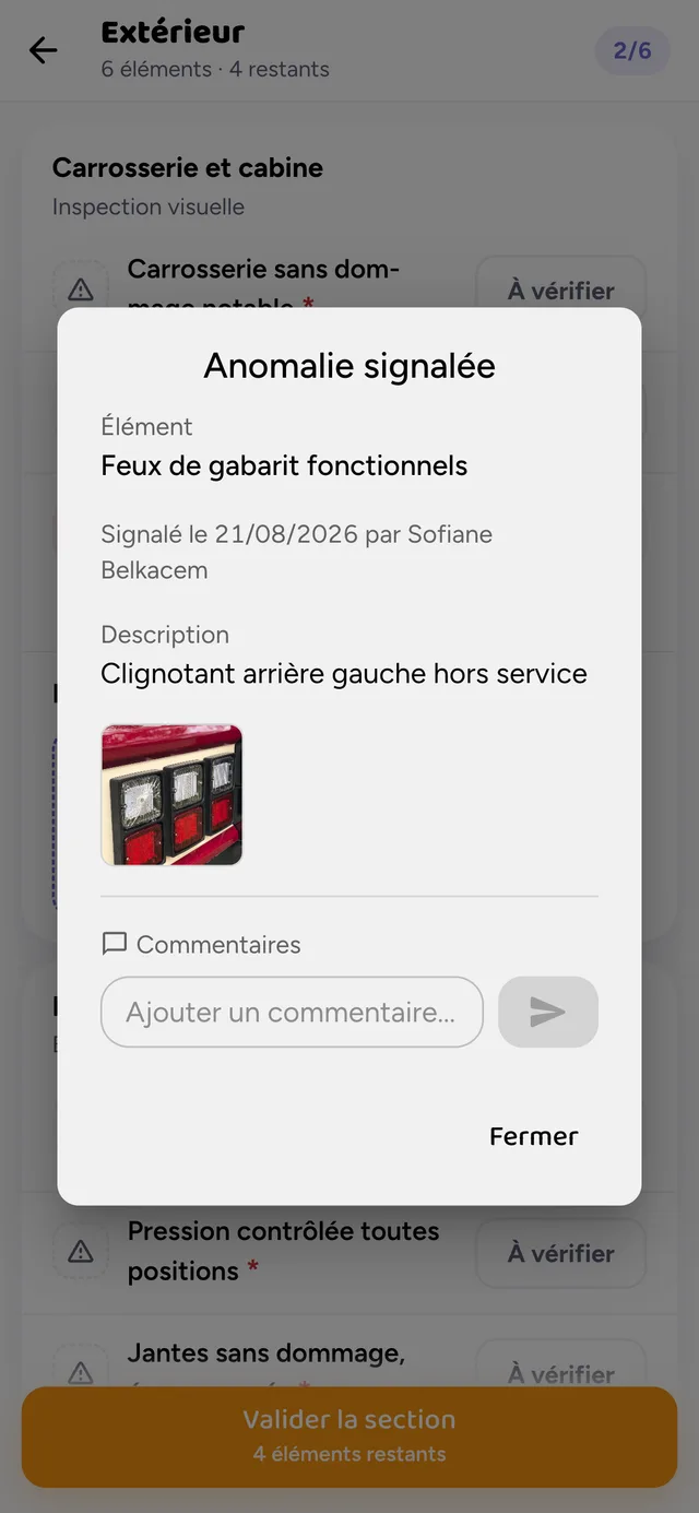 Fiche « Anomalie signalée » sur le téléphone : feux de gabarit, clignotant arrière gauche hors service, avec la photo
