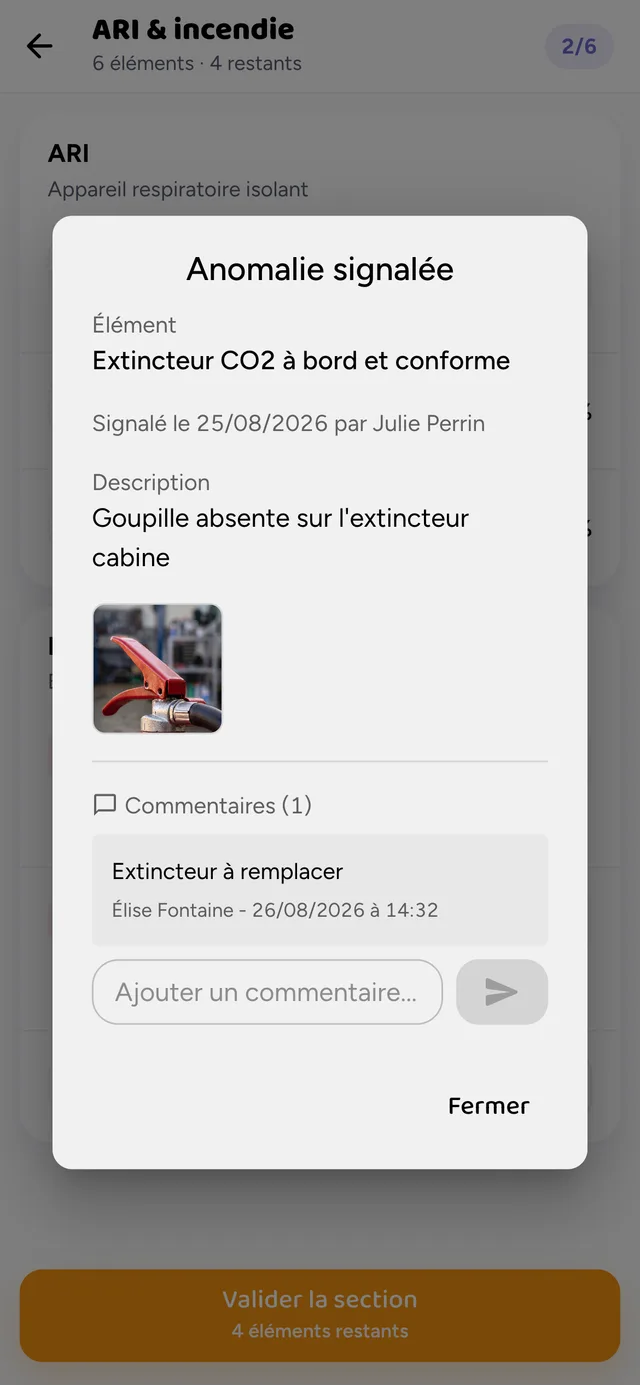 Anomalie rappelée sur le terrain : extincteur CO2, photo et commentaire du bureau