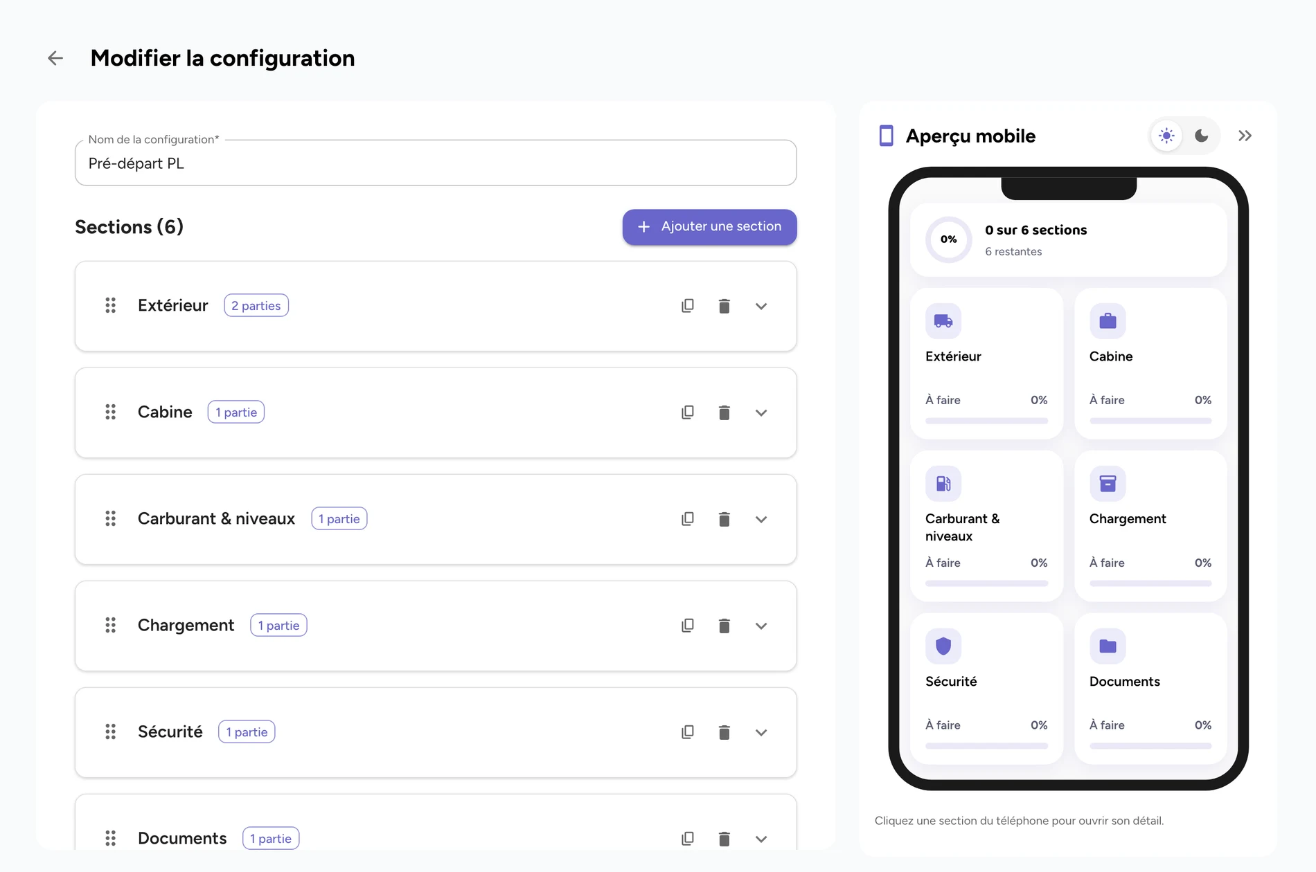 Éditeur de configuration avec l’aperçu mobile