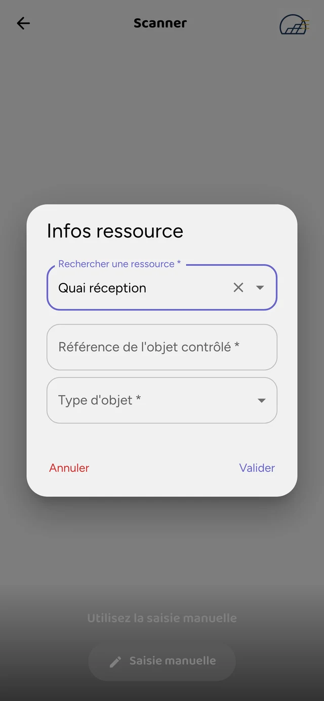 Popup après le scan du Quai réception : référence et type d’objet