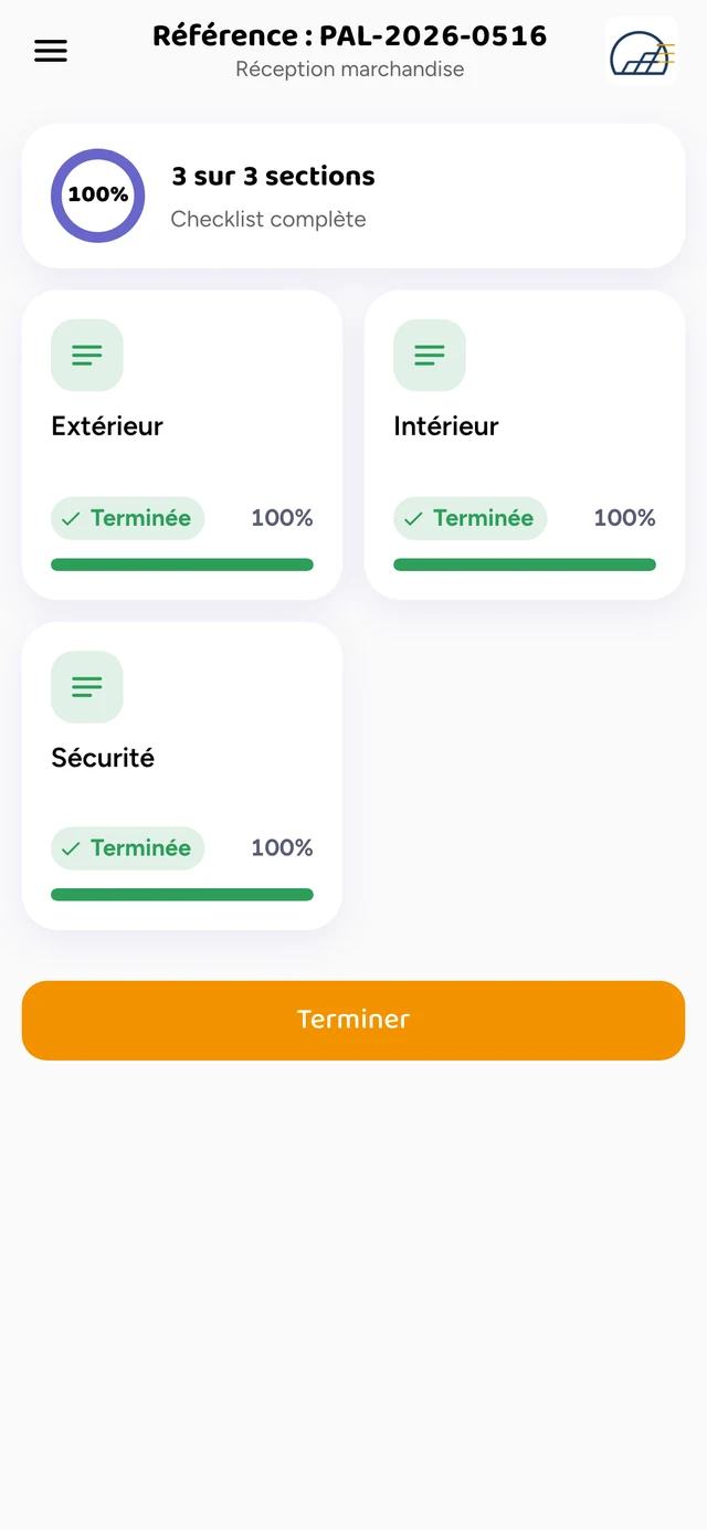 Réception PAL-2026-0516, trois sections terminées