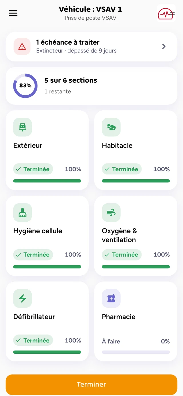 VSAV 1 · Prise de poste VSAV, cinq sections sur six, échéance extincteur en tête