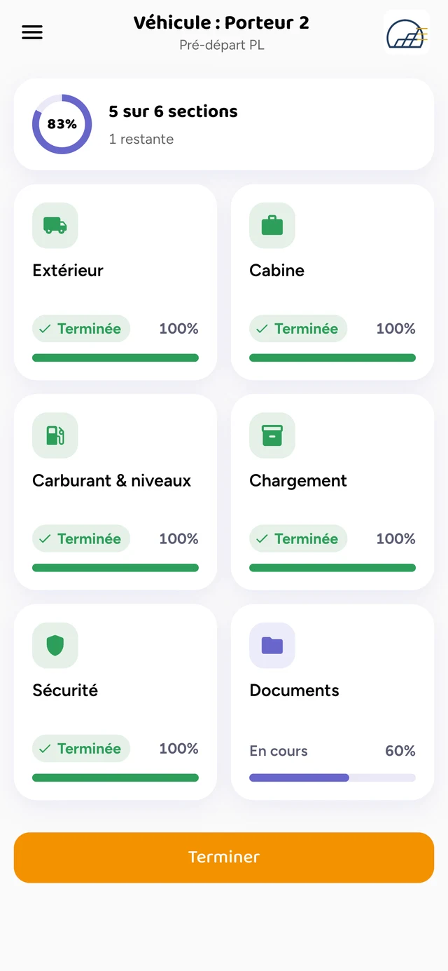 Porteur 2 · Pré-départ PL, cinq sections sur six terminées