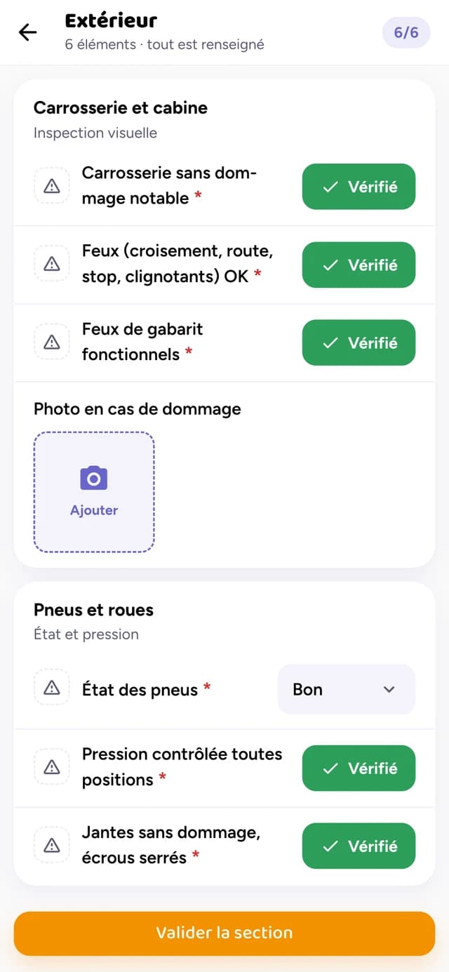 Checklist Pré-départ PL, section Extérieur ouverte, points vérifiés