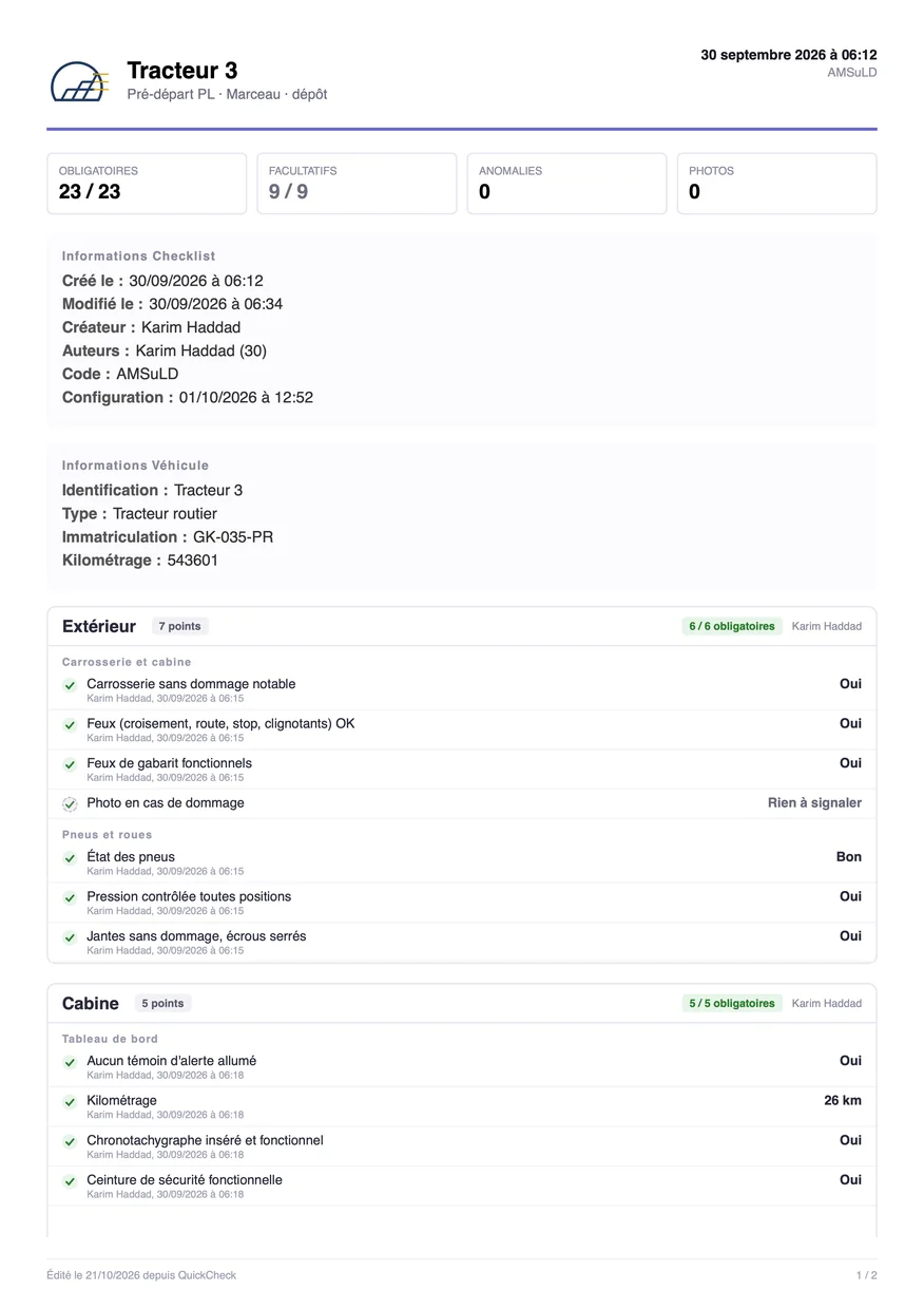 Page 1 du PDF du contrôle Pré-départ PL du Tracteur 3, exporté depuis le tableau de bord