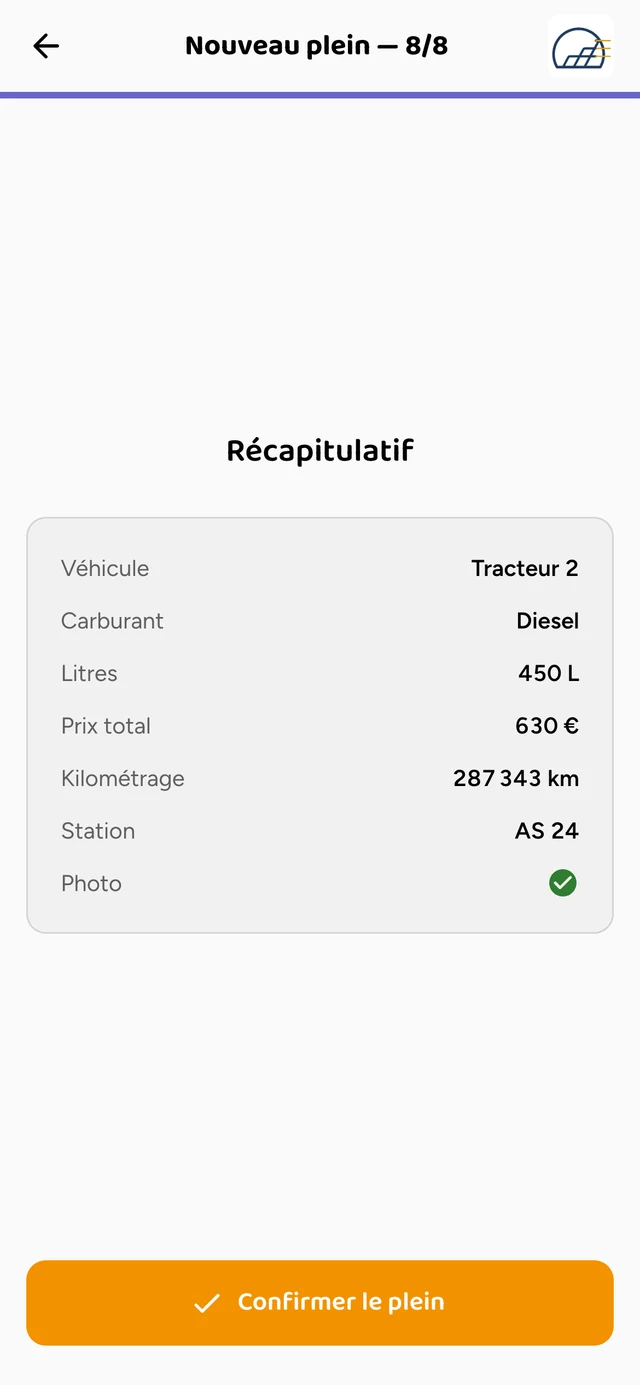 Assistant « Nouveau plein », récapitulatif avec la photo du ticket