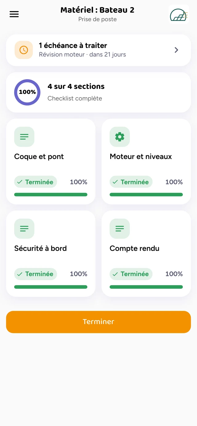 Bateau 2 · Prise de poste, échéance « Révision moteur » en tête